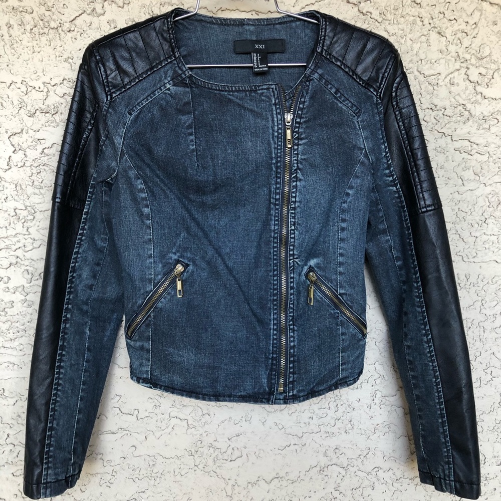 Denim & vegan leather mixed jacket